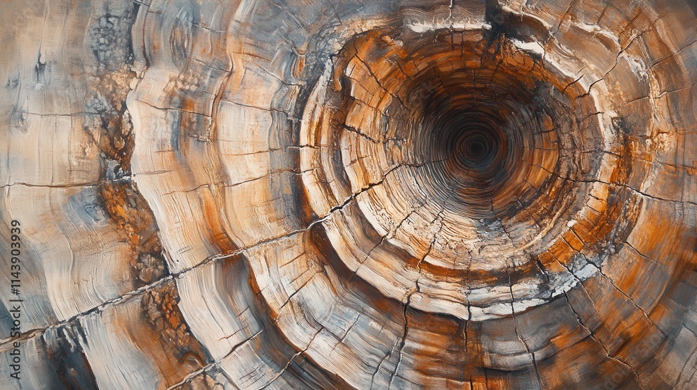 Poster detailed close-up of a freshly cut tree stump revealing intricate patterns and textures