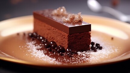 Delectable bar of rich creamy chocolate dusted lightly with fine sparkling sugar granules presented elegantly on a dessert plate for a tempting indulgent treat
