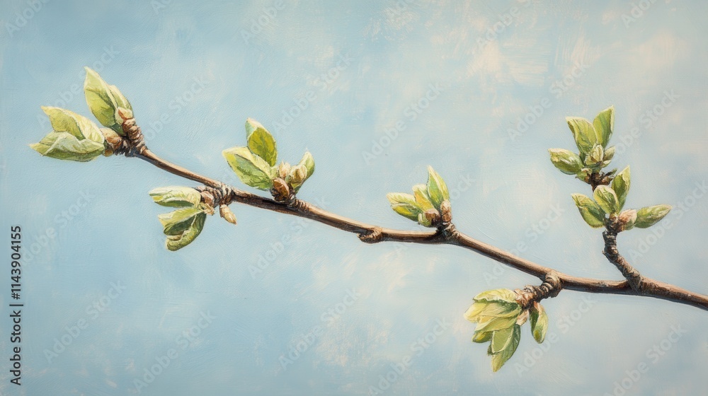 Aufkleber buds begin to open on a tree branch in early spring under a clear blue sky