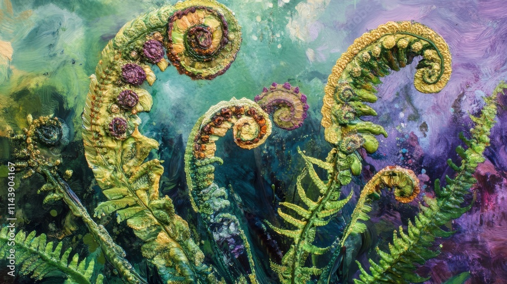 Poster beautiful detail of spring green ferns unfurling in a vibrant natural setting with soft colors and i