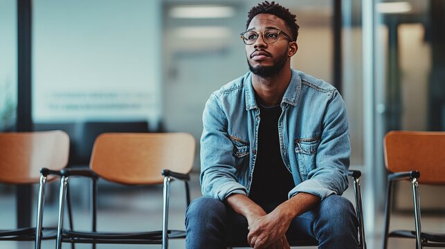 Thoughtful African American man sitting in a waiting area, wearing glasses and a denim jacket. - Powered by Adobe