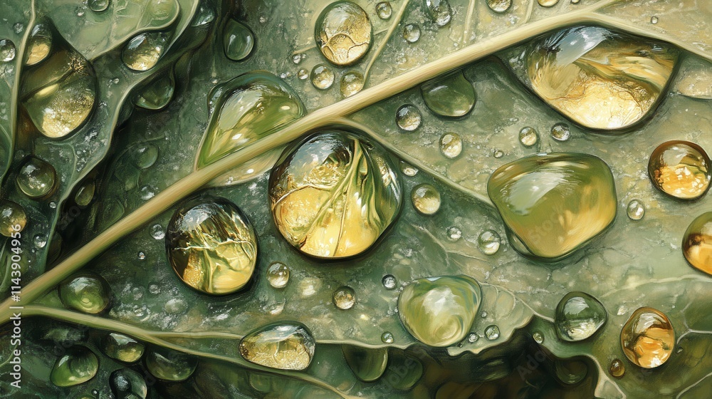 Poster close-up view showcasing intricate water droplets resting on green leaves after rainfall creating a 