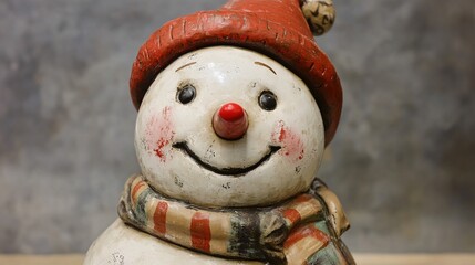 A cheerful snowman figurine wearing a red hat and striped scarf, radiating holiday spirit.