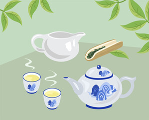 blue chinoiserie tea set and tea ceremony tools.