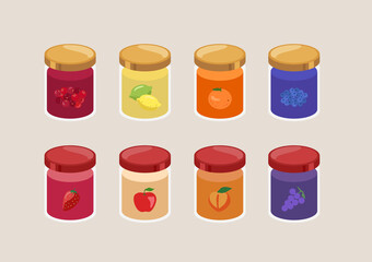 Glass jar of preserved strawberry jam, apple, peach, grapes, cranberry, lemon, orange, blueberry