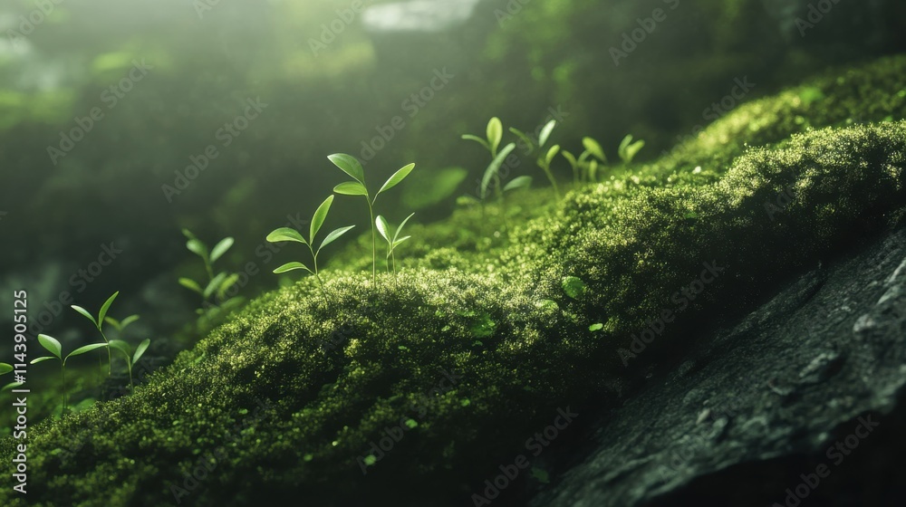 Aufkleber Close-up view of spring moss featuring tiny buds in a serene natural setting during daylight hours