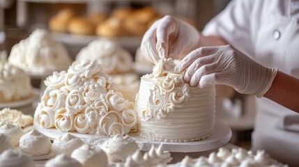 Baker decorating elegant white wedding cakes with buttercream frosting roses.
