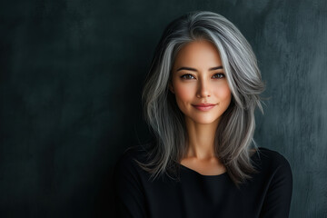 Fototapeta premium Beautiful woman with gray hair and a black top, set against a dark background. The concept allows for ample copy space. Manager in a startup company.