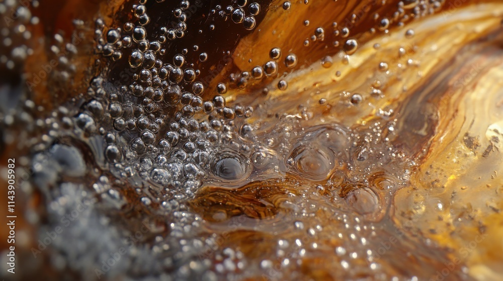 Poster close-up of water droplets forming bubbles against a textured surface in a natural setting during da