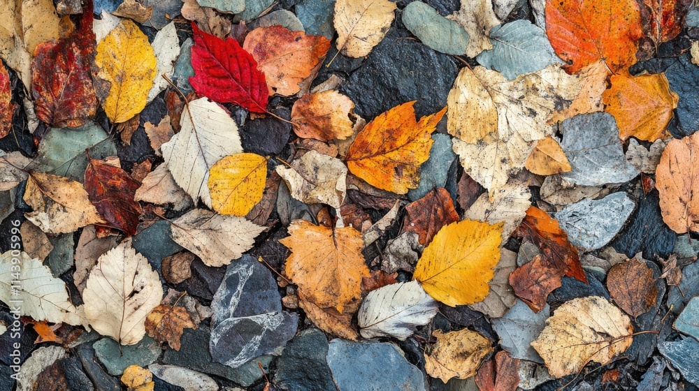 Poster close-up view of vibrant autumn leaves scattered on a rocky surface in an outdoor setting during fal