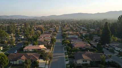 Obraz premium Aerial view of a suburban street lined with houses and trees, extending towards distant mountains under a hazy sky.