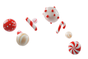 Falling Christmas assorted festive candy pieces with red and white swirls isolated on background.