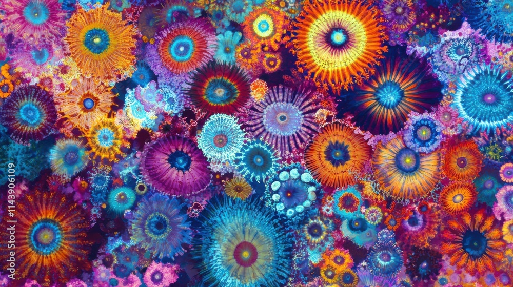 Poster close-up view of vibrant coral polyps revealing stunning colors and intricate patterns in a thriving