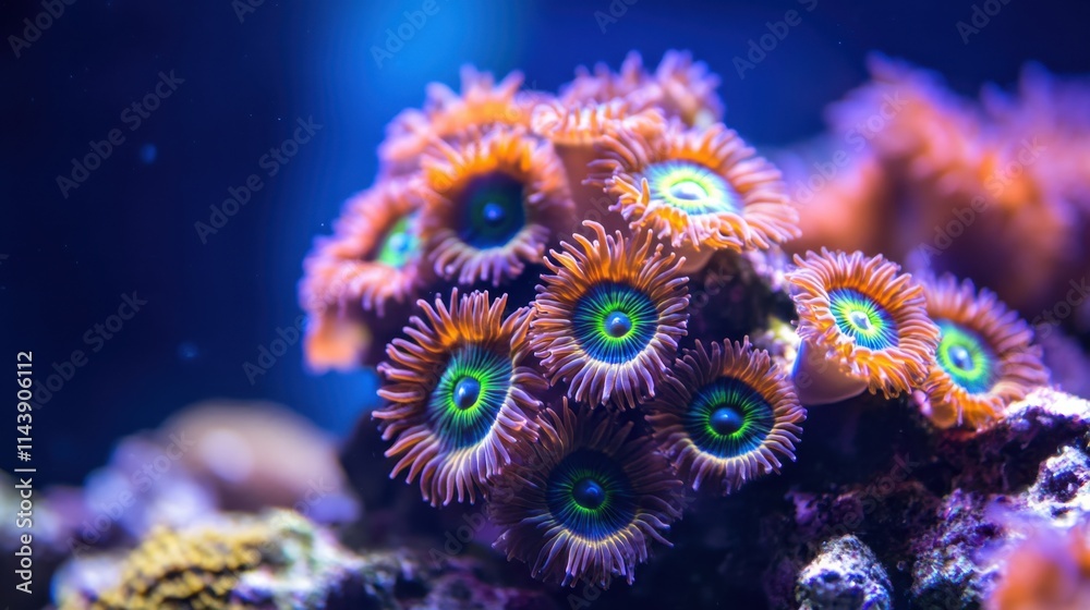 Poster close-up view of vibrant coral polyps displaying their unique shapes and colors in a marine habitat