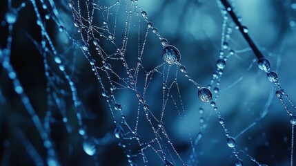Glimmering dew drops adorn a delicate spider web in early morning light