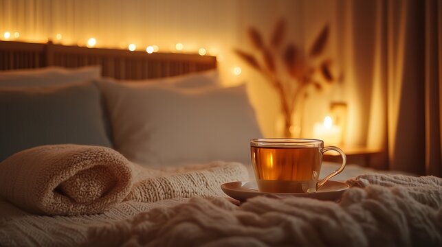 Cozy bedroom with tea and warm lighting promotes relaxation for better sleep.
