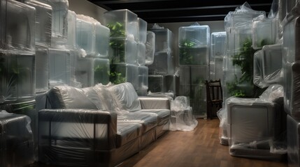 An interior room filled with various household furniture and belongings all neatly wrapped in plastic sheeting and prepared for transport storage or relocation to a new location