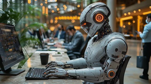 Advanced humanoid robot working in a futuristic office. A high-tech humanoid robot with glowing orange accents typing on a computer in a modern, collaborative office environment.