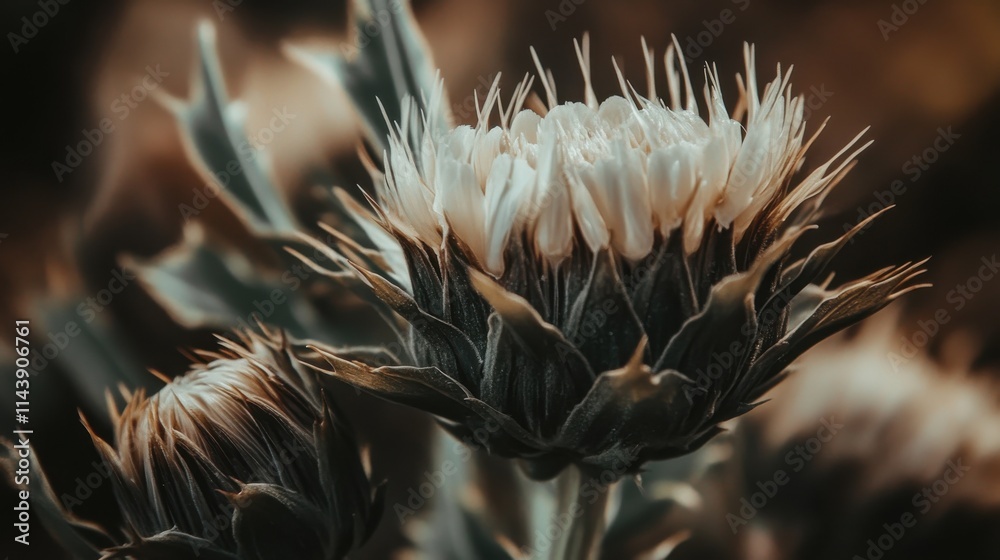 Poster close-up view of a thistle flower showcasing intricate details and vibrant colors in a natural setti
