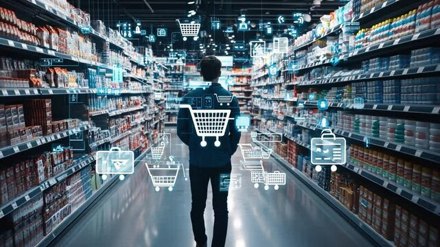Smart Shopping Experience: A shopper navigates a futuristic supermarket aisle, surrounded by digital shopping cart icons and product information overlays. - Powered by Adobe