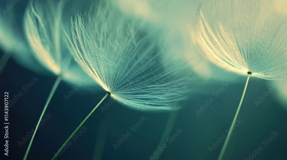 Poster Close-up view of delicate dandelion puff showcasing intricate textures and soft details in natural light