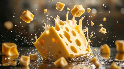 Dynamic cheese splash with cubes symbolizes creativity in cheese recipes.
