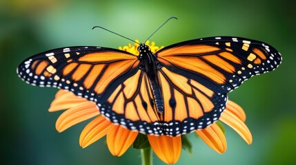 Obraz premium Monarch butterfly resting on bright orange flower in spring sunlight
