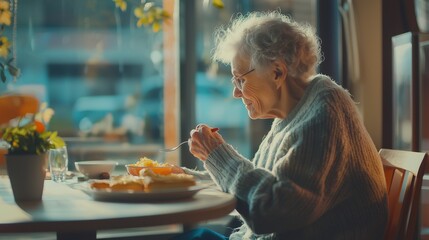 Elderly woman dining alone at home, symbolizing independence and comfort in aging.