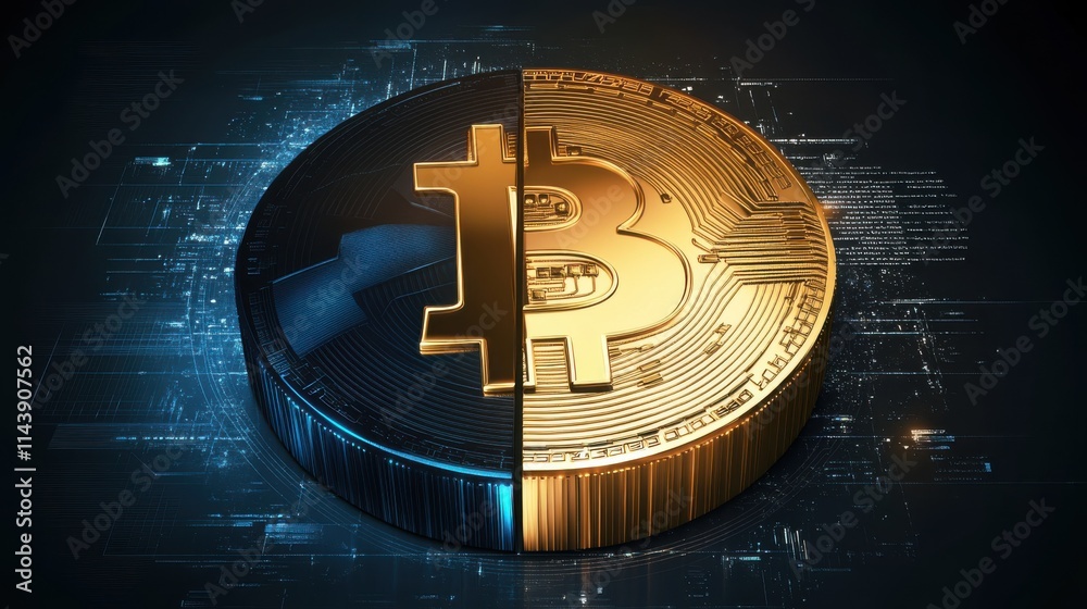 Poster bitcoin-themed metallic pie chart showcasing cryptocurrency segmentation in a digital landscape, hig