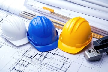 The white, blue and yellow safety helmet stacking on table with the blueprint and measuring tools at construction site for Engineer, foreman and worker