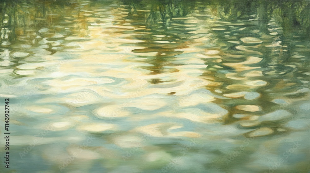 Poster Intricate patterns on serene water surface reflecting light during golden hour in tranquil natural setting