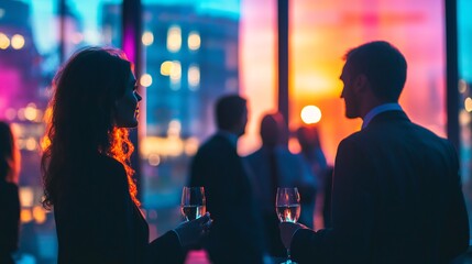 A silhouetted couple enjoying drinks at a vibrant sunset networking event.