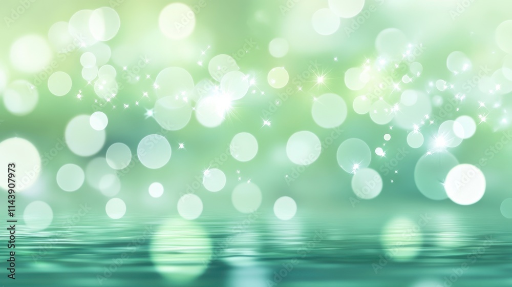 Poster elegant abstraction of sparkling light reflections on calm water surface in serene green hues