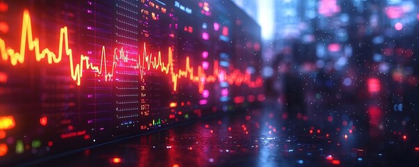 Fototapeta premium Vivid Digital ICU Monitor Display with Pulsing Heartbeat Lines and Soft Patient Reflection