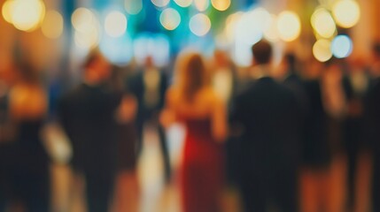 Fototapeta premium A blurred background of a vibrant party scene with elegant guests mingling and warm lights creating a festive atmosphere.