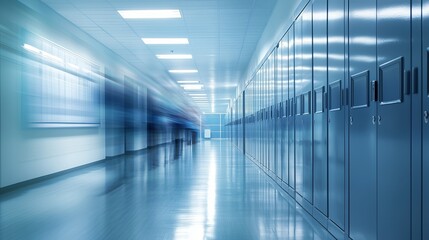 Naklejka premium Blurred school hallway with lockers, symbolizing education and student life.
