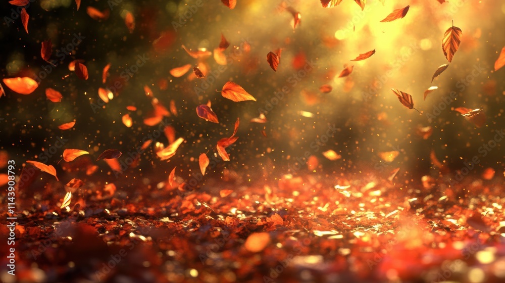 Poster sunlit forest filled with falling leaves during autumn in a tranquil natural setting