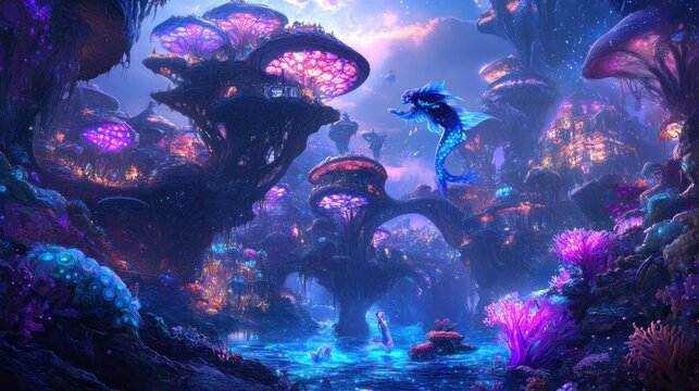 Bioluminescent underwater city with merfolk and glowing mushroom architecture.