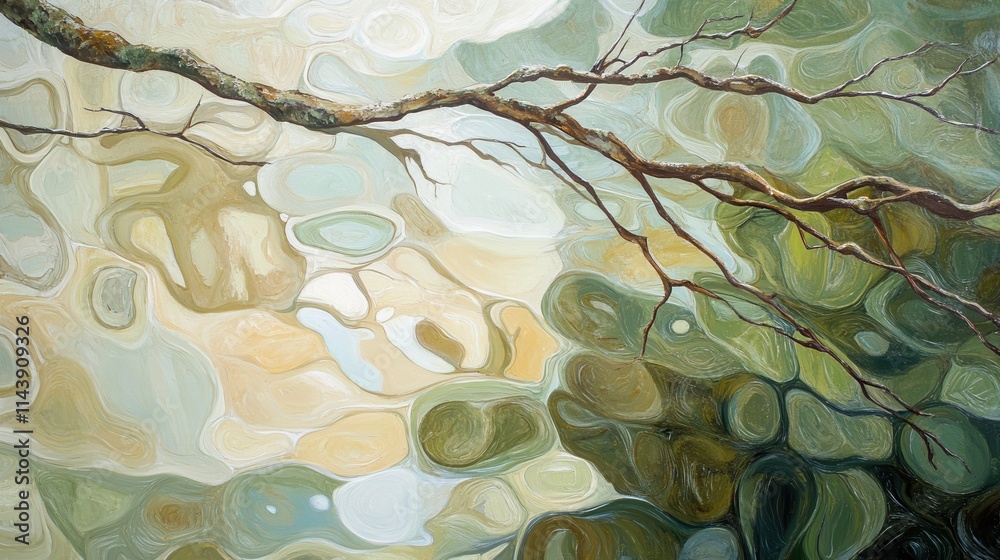 Fototapete reflections of branches create abstract patterns on calm water's surface during soft light