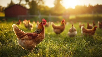 Fototapeta premium Free-range chickens roam on a sunlit organic farm, symbolizing sustainable farming.