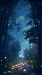 Magical firefly night forest path.