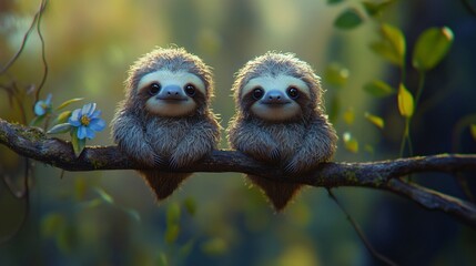Naklejka premium Two adorable animated sloths sit closely on a branch, surrounded by lush greenery and delicate flowers.