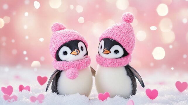Two adorable baby penguins wearing pink hats and scarves, surrounded by hearts and a dreamy pink background.