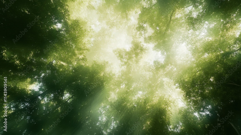 Aufkleber View of vibrant tree canopies illuminated by soft sunlight in a serene forest setting