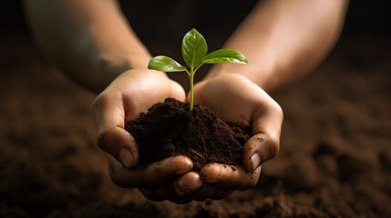 A hand gently holding fresh fertile soil with a small green sprouting plant emerging representing the cycle of nature new growth and the importance of sustainable eco friendly cultivation