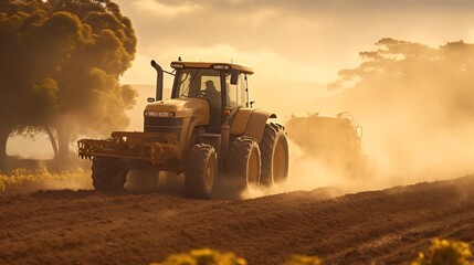 Fototapeta premium Tractor Plowing Through Dusty Golden Lit Field in Peaceful Countryside Landscape Agricultural machinery working on rural farmland in scenic nature environment