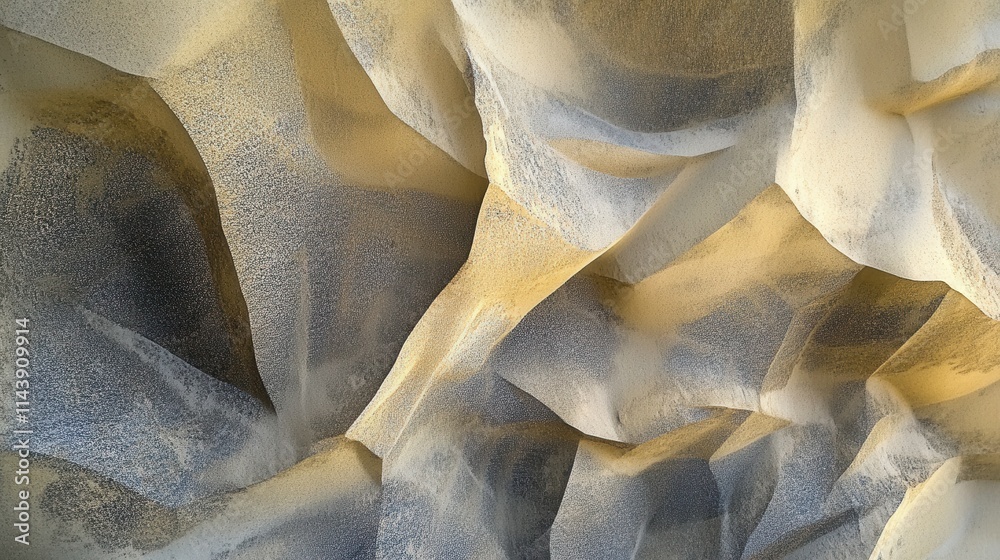 Poster wind patterns create abstract forms in sand dunes across the desert landscape during golden hour