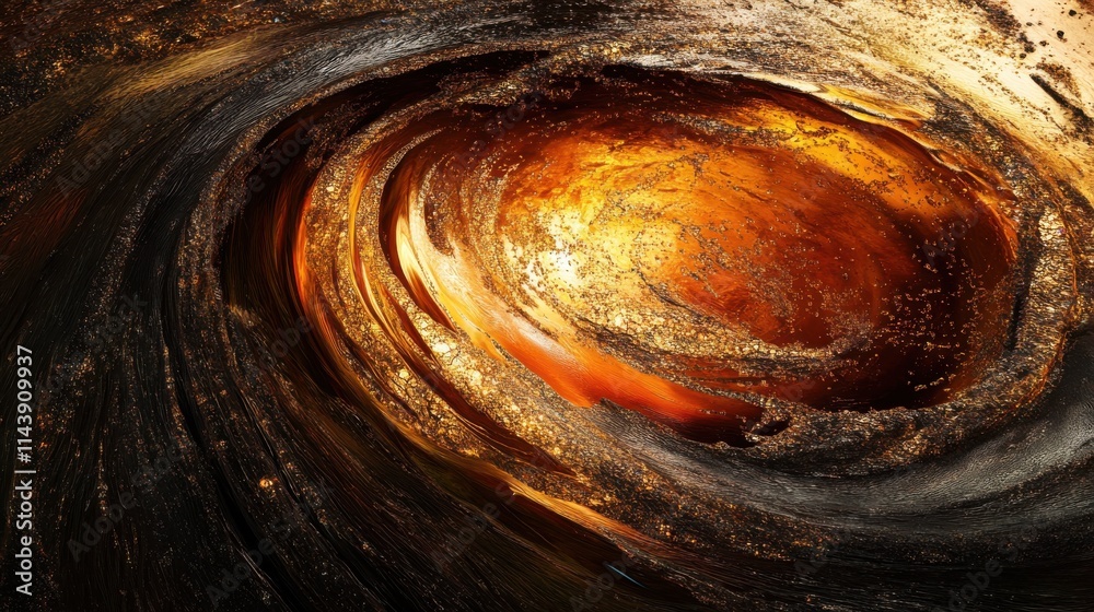 Poster swirling patterns of oil and water create a mesmerizing abstract artwork in rich gold and deep black