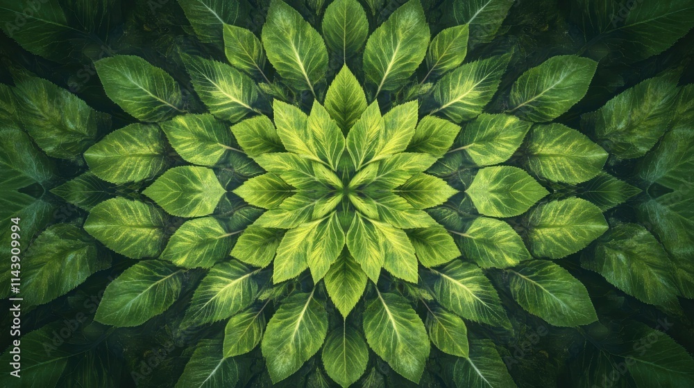 Poster intricate arrangement of vibrant green leaves creating a symmetrical pattern in a natural setting