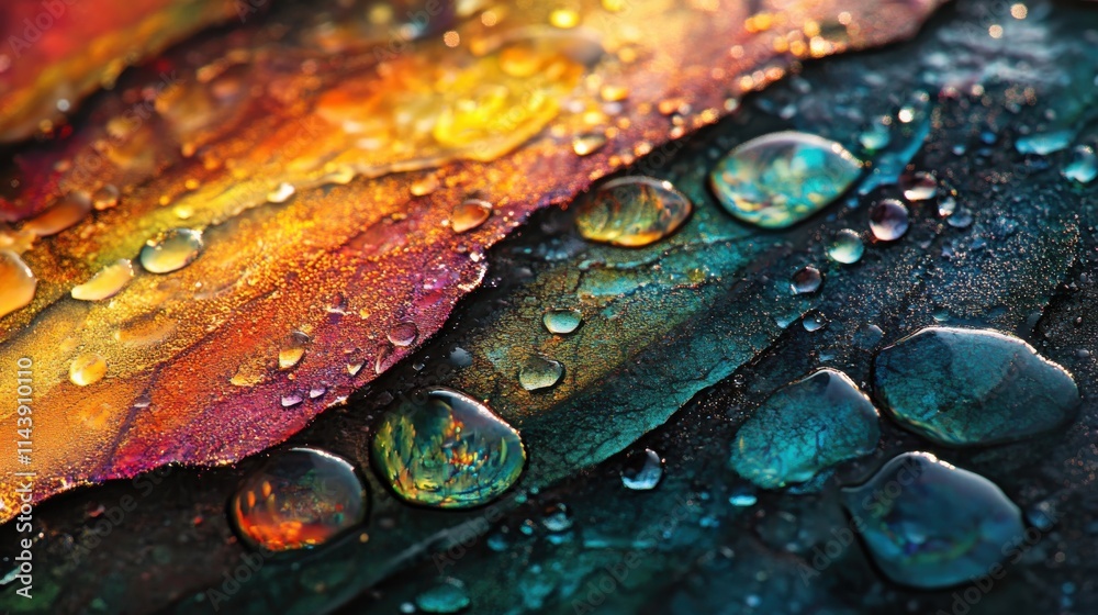 Poster close-up of morning dew on a leaf showcasing vibrant colors and intricate patterns in nature